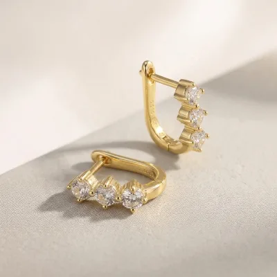 Versatile Daily Wear 925 Sterling Silver Loops Jewelry 14K Gold Plated Minimalist 3mm 3-Stone Moissanite Hoop Earrings for Women