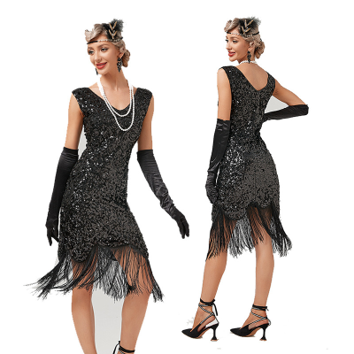 Vintage Sequin Dress Prom Tassel Dress Party Banquet Dance Dress