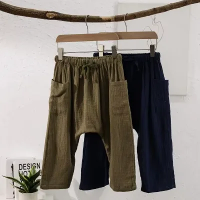 Small Thin Double Cotton Children's Mosquito-proof Pants in Summer, Simple and Loose Elastic Waist Casual Harem Pants