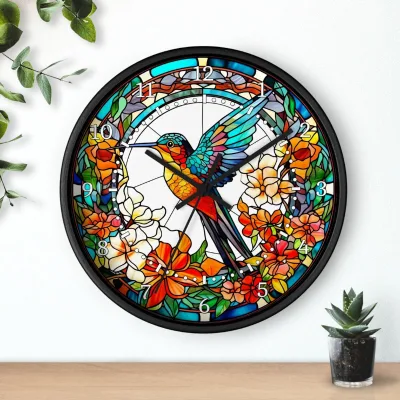 Customizable 12 Inch Plastic Wall Clock with Colorful Bird and Floral Design, Perfect for Home Decor or Gifts