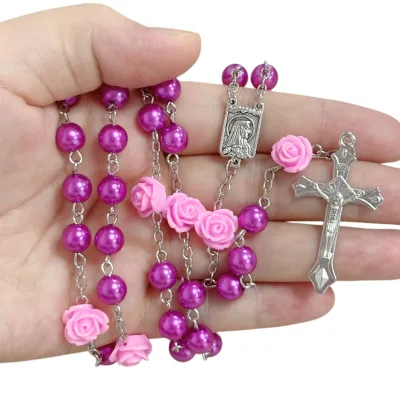 Rosary Pearl Beads Necklace for Women,First Communion Catholic Rosary Prayer Gifts for Men Women