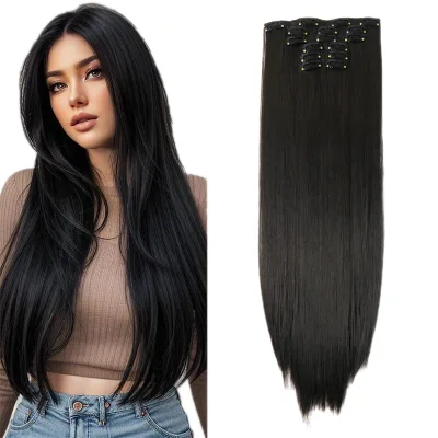 Wholesale Straight Clip in Hair Extensions Full Head Synthetic Hair Natural Black Color with 22 Inch Hair Weaving Curtain