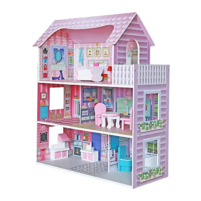 Pink Classic Kids Wooden Playhouse City House for Dolls with Furniture for Girls T70145