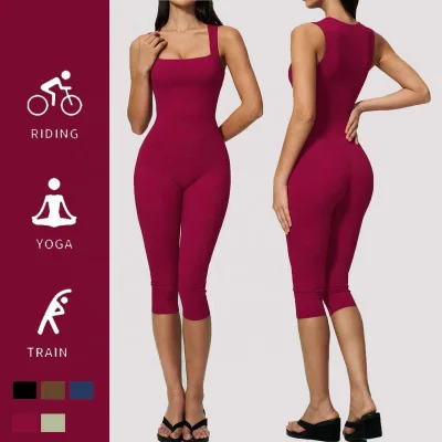Square Neck Yoga Jumpsuit Women Sleeveless 3/4 Length Capri Unitard One Piece Workout Set Gym Fitness Bodycon Romper