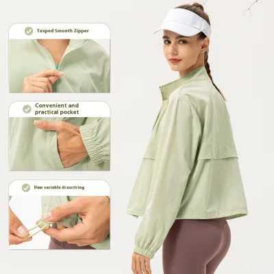 Women's New Loose Casual Yoga Windbreaker Solid Pattern Outdoor Sports Jacket Zipper Stand Collar 1 Piece Running Fitness Coat