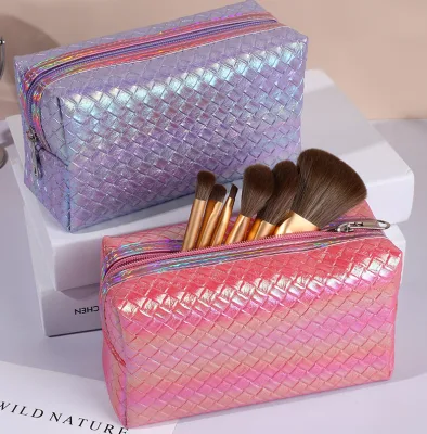 Pearl Magic Check Braided Three Dimensional PU Leather Zipper Fashion Women's Square Makeup Bag