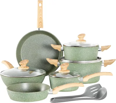12-Piece Stainless Steel Aluminum Non-Stick Cookware Set Glass Lids Durable Bakelite Wooden Handles Induction Ready Dishwasher