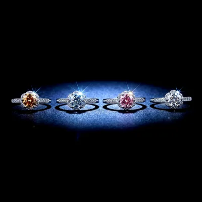 S925 Silver 1CT Round Brilliant Cut Moissanite Rose Flower Engagement Half Eternity Colorful Moissanite Ring for Women