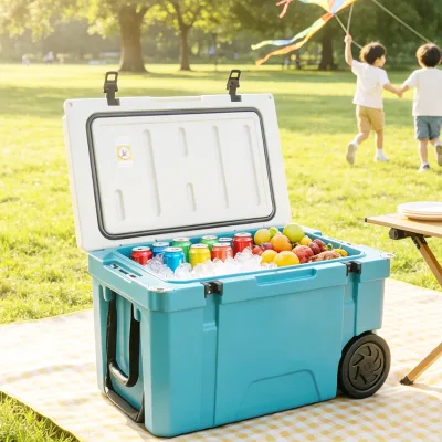 65QT Rotomolded Cooler with Wheels and Foldable Arm Handle Heavy Duty PE Insulated Ice Chest UV Resistant for Beach RV Camping