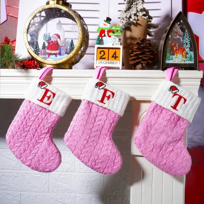 2026 Winter Holiday Decorations Christmas Stocking with Embroidered Initial Letters Pink Knitted Xmas Tree Hanger Mini Stockings