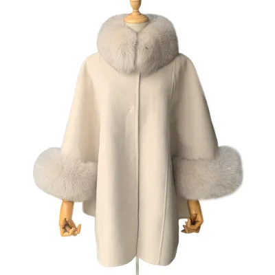 Elegant Women Wool Coat Drop Shoulder Removable Fox Fur Collar Cloak Loose Winter Ladies Coat Wool