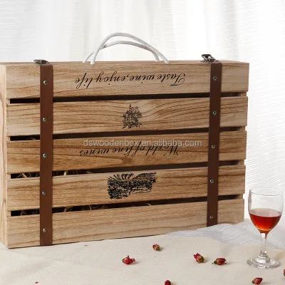 Handled 6 Bottle Wooden Wine Carrier Crate Belt Decorated Rope Pine Material Classic 35L Laser Engraved Sustainable Single