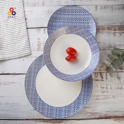 Elegant New Bone China In-Glaze Plates Set Coupe Entree Deep Steak Plate with Blue White Texture Microwave Safe