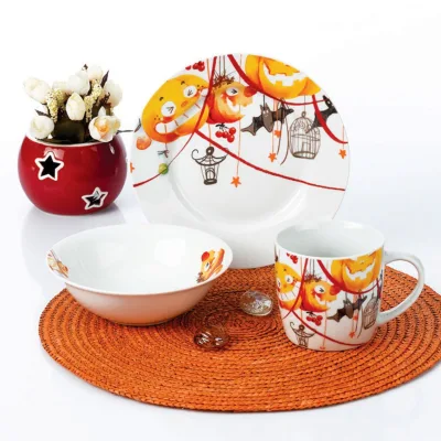 Gift 3Pcs Ceramic Bulk Cheap Halloween Pumpkin Children's Dinnerware Sets Food Contact Safe Bohemian Style Dishwasher Microwave