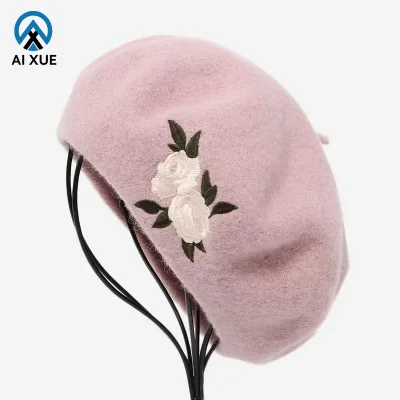 2026 New Flower Embroidery Fashionable Caps High Quality Women's Fashion Wool Caps Retro Leisure Pink Painter French Beret