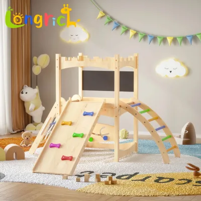 Wooden Foldable Playhouse with Slide, Climbing Ladder & Blackboard, Montessori Activity Center for Kids