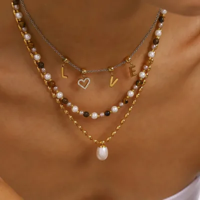 18k Pvd Gold Stainless Steel Beaded Letter Necklace Woman Non Tarnish Jewelry Pearl Charm Vintage Fine Chains Overlay Necklace