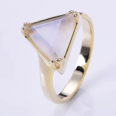 14K Gold Plated Bijoux En Argent 925 Pur Triangle Gemstone Moonstone Adjustable Ring for Women