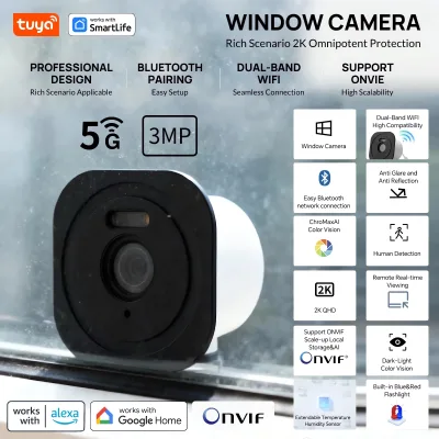 Tuya 2K QHD Window Camera Dual Band WiFi Security ONVIF IP Camera AI Human Detection No-Drill Installation Works with Alexa