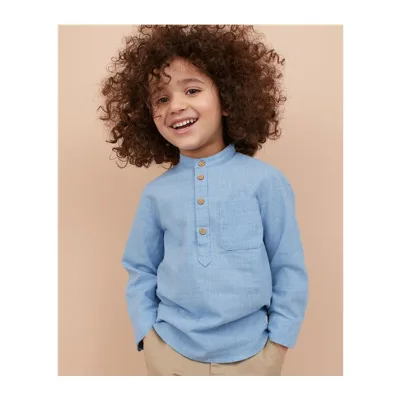 New Organic Hemp Cotton Casual Children's Shirt Spring Summer Stand-Up Collar Long Sleeve Boy's Shirt