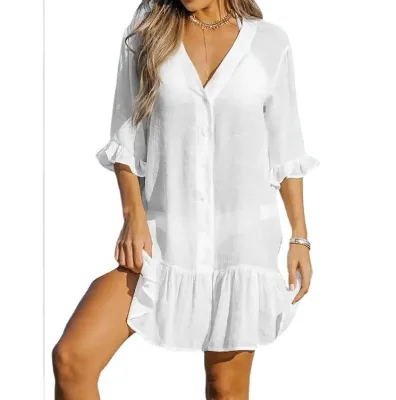 And Summer New V-neck Ruffled Dress Solid Color Beach Skirt Sun-proof Blouse for Women