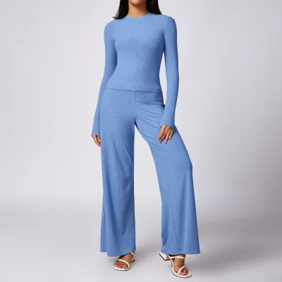 Aoyema Custom Logo Women Lightweight Long SleeveTops Ribbed Wide Leg Flare Pants Elastic Waist and Tops Activewears Sets Fitness
