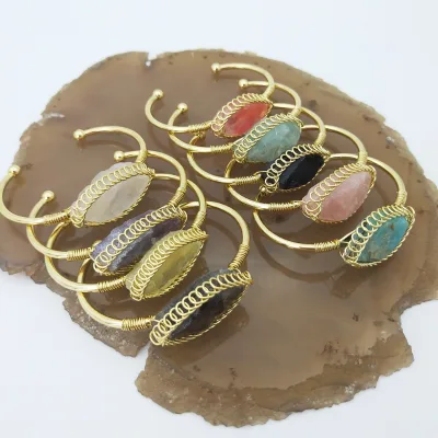 Irregular Stone Bangle Women Jewelry Gold Wire Wrapped Crystal Cuff Bangle Boho Gemstone Citrine Quartz Open Bracelet Girl Gifts