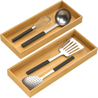 Bamboo Stackable Utensil Drawer Organizer Portable Tabletop Mount Kitchen Storage Set of 2 15" X 6" X 2"
