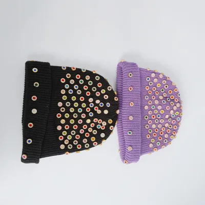 High Quality Custom Design Rhinestone Knitted Beanie Colorful Crystal Patterns on Premium Acrylic Luxury Embroidered Winter Hat