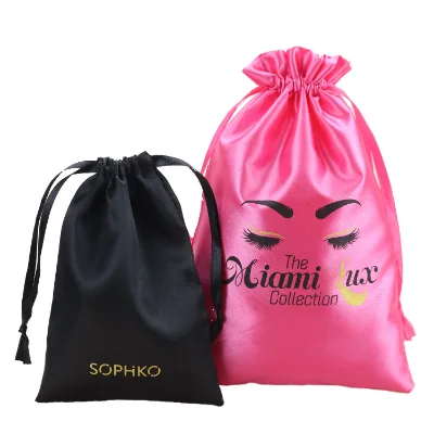 Recyclable Silk Satin Drawstring Bag with Tassel Cord Custom Printed Logo for Human Hair Wig Bundle Brand Retail Packaging