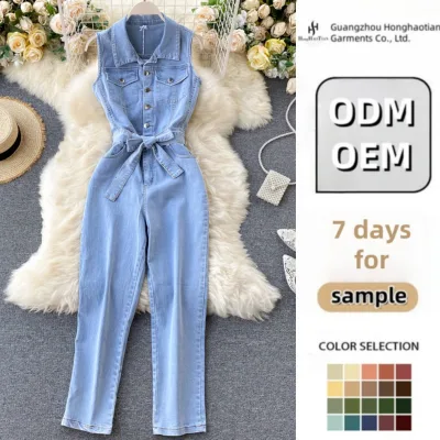 ODM OEM Custom Retro Buckle Ties Waist Straight Wide Leg Pants Denim Woman Jumpsuit