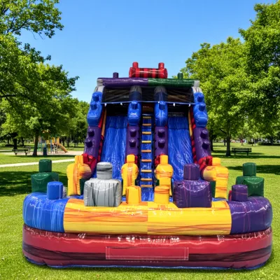 Commercial Double Lane Vinyl Inflatable Water Slide with Swimming Pool Outdoor Kids Colorful Jumping Block Slide
