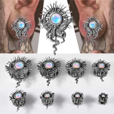 New Gradient White Flash&Double Snake Intertwine Sun Ear Tunnels Plugs Expander Weight Gauges Stretchers Punk Piercing Earring