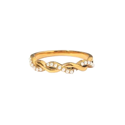 Waterproof Trendy Wedding Dainty Twisted Pearl 18K Gold Plated Stainless Steel Stacking Ring