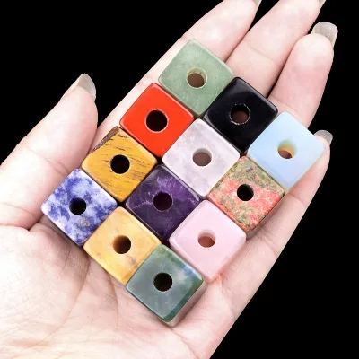 16mm Assorted Gemstone Big Hole Square Beads Amethyst Tiger Eye Cube Beads 5mm Large Hole Loose Spacer Stone Beads Charm