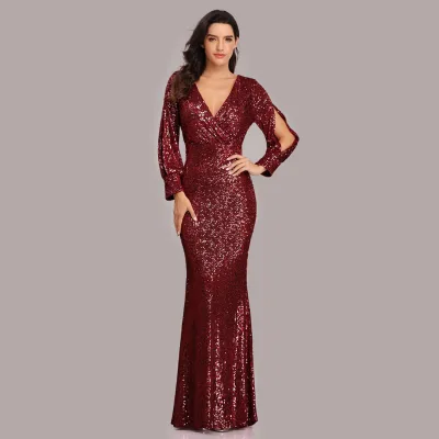 Evening Dress Spring Summer Long Sleeve V-neck Sequined Fishtail Evening Dress Lady