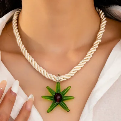 Women's Bohemian Summer Vacation Glass Pendant Necklace Short Thick Rope Starfish Conch Shells Fashion Jewelry Pearl Buddhist