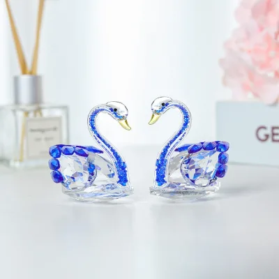 Crystal Swan Figurine Couple Set - Elegant Blue and Clear K9 Crystal Sculpture, Romantic Wedding Anniversary Home Decor