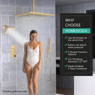 Homekicen Dual Shower Heads System 10" Ceiling 6" Tilted Handheld Showerhead Set Push Button 3-Way Thermostatic Diverter Valve