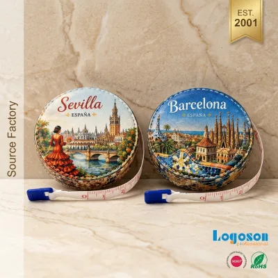 ODM Spain Souvenir Barcelona Sevilla Custom Logo Durable Fashionable PU Leather 1.5m Auto Retractable Push Button Measuring Tape