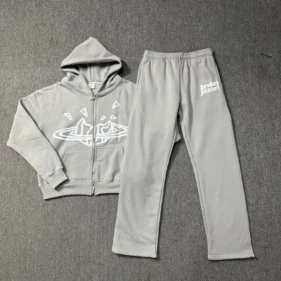Space Gray Foam Printed Hooded Sweatshirt Set, American Trendy Brand BP Jacket for Men