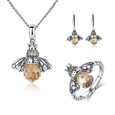 Wholesale Sterling 925 Silver Jewelry Combo Set for Women Cute Honey Bee Earrings Women Finger Ring Chain Necklace