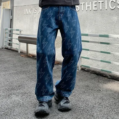 Men's American-style high street loose-fitting casual laser-printed lightning straight jeans