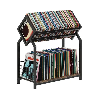 2-Tier Smart Home Vinyl Record Storage Rack 24.4\"W Display Holder Wood Dividers for 300 LPs Magazines Documents Albums Storage