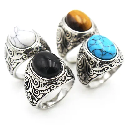 Vintage Turquoise Titanium Steel Ring for Men Stainless Steel Men's Jewelry Wholesale