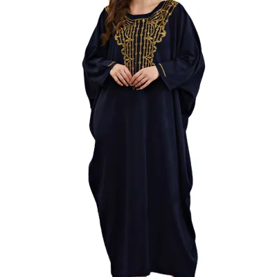Loose Blue Gold Thread Embroidered Polyester Bat Long Sleeve Robe Muslim Arab Women's Dress