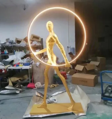 Humanoid Sculpture Floor Lights Abstract Gold Plating Sculpture Statue Lights Luminous Ring Art Golden Floor Lamp