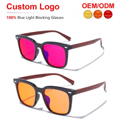 Sunray Eco Style Square TR Full Rim Frame Red Dual Rivet Wood Grain Temple Eye Strain Relief OEM Unisex Anti Blue Light Glasses