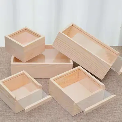 Custom Laser Engraving logo Pine Wood clear Acrylic Glass Sliding Lid Gift Keepsake Box Unfinished Wooden Packaging Storage Box