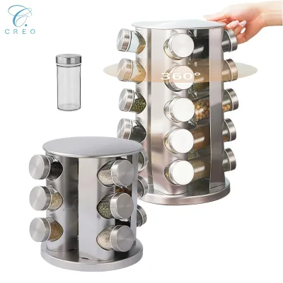 360° Rotating Spice Tower Rack | Empty Glass Seasoning Jars | Home Kitchen Restaurant Stainless Steel Herb Storage Organizer